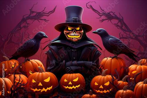 Spooky scarecrow in a dark forest with Halloween pumpkins and two crows, eerie atmosphere and seasonal theme, illustration