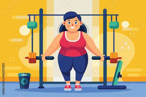 Plus size woman exercising at the gym weight training illustration