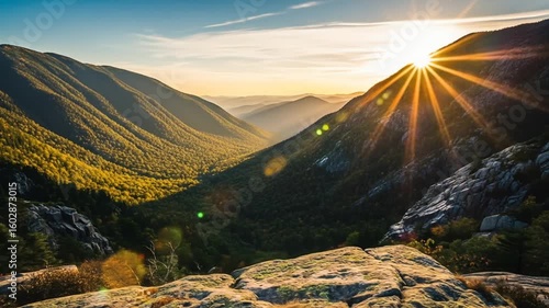 Sunrise Over Scenic Mountain Valley in Autumn