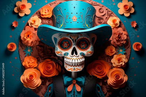 Catrin with a blue hat surrounded by marigold flowers, Mexican Day of the Dead celebration and culture, illustration