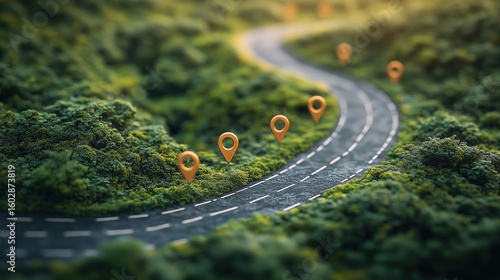 a road curving uphill with business milestones shown as floating markers