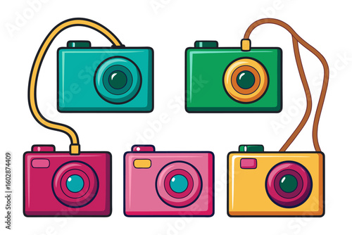 Vibrant collection of retro style digital cameras with lenses and straps in a playful cartoon illustration