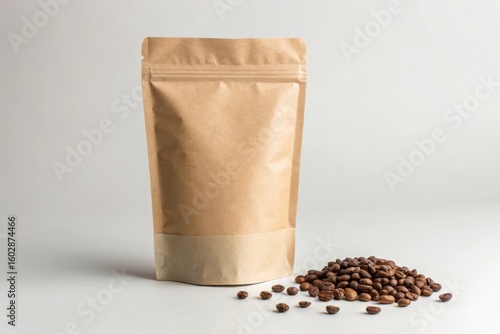 Kraft pouch mockup with coffee beans for branding and packaging