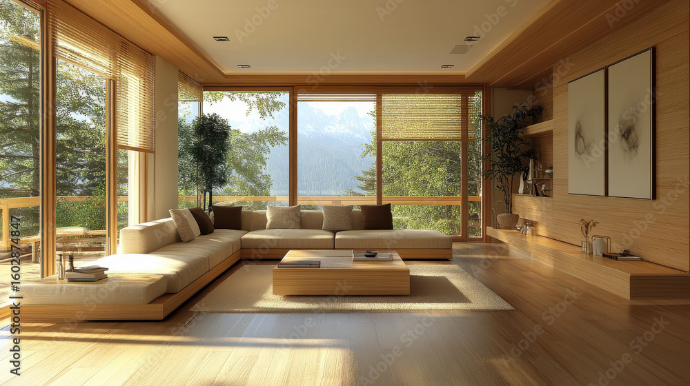 Fototapeta premium Modern Minimalist Living Room with Wooden Furnishings and Mountain View