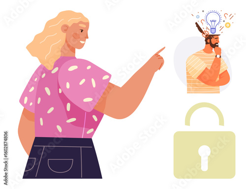 Woman gestures toward a thoughtful man with ideas emerging from his mind above a lock. Ideal for teamwork, creativity, brainstorming, innovation, intellectual properties, inspiration
