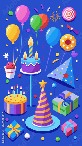 Colorful birthday party elements including cakes balloons and gifts