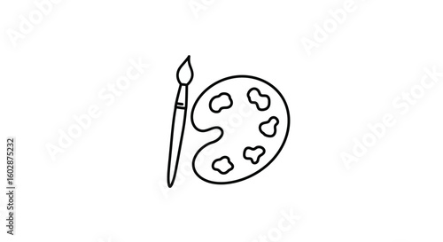 Simple Black Line Art of Paintbrush and Artist's Palette, Isolated.