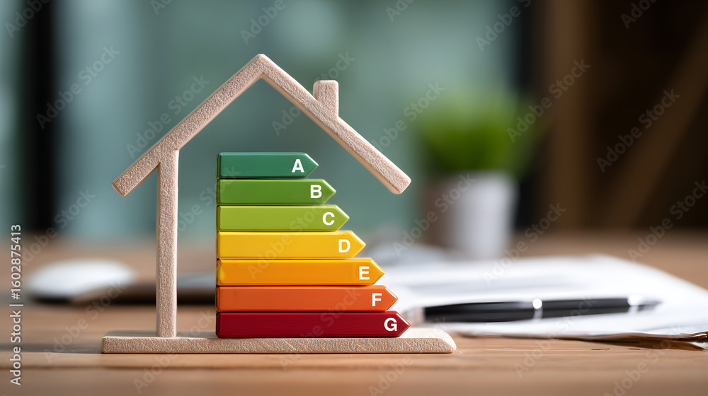 Fototapeta premium Diagnostic de performance énergétique (DPE) d'une maison sur un bureau moderne avec des documents en arrière-plan