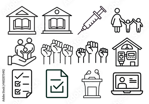 Art of a diverse set of line art icons representing education healthcare social justice and civic engagement