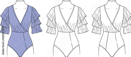Layered ruffle sleeve bodysuit design, deep V-neck wrap front, trendy women's one-piece fashion, flat technical fashion drawing illustration