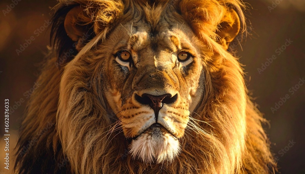 Naklejka premium Majestic lion close-up with intense golden eyes and textured mane, captured in dramatic lighting and stunning detail. A bold wildlife portrait with raw emotion and realism.