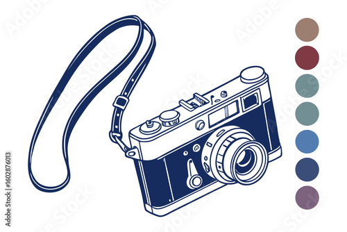 Vintage rangefinder camera with detachable strap and color swatches for customization options
