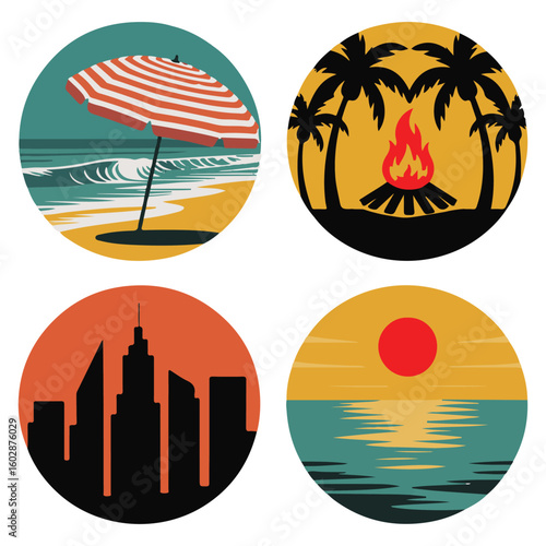 Tropical beach summer travel icons vector illustration