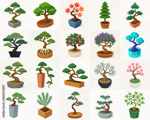 Cute Pixelated Bonsai Tree Collection Set Miniature Plant Illustration