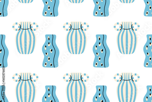 Pattern with alternating ceramic vases in blue stripes and organic dot details on white background