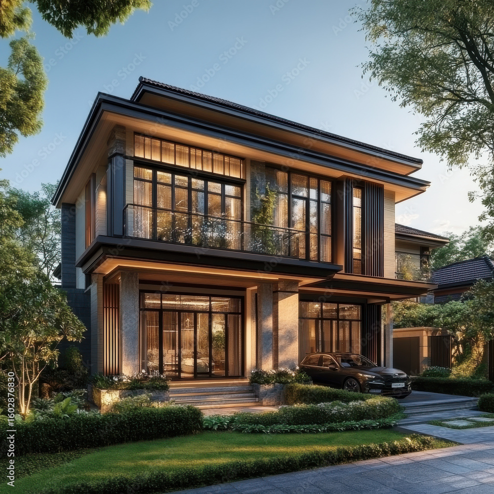 Fototapeta premium Modern Two Story Luxury House with Stone Facade and Evening Lighting
