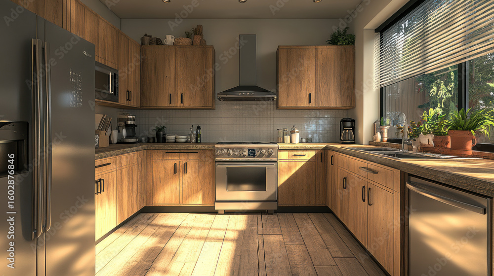 Fototapeta premium Modern Wood Kitchen Interior with Sunlight and Stainless Steel Appliances