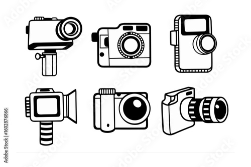 A collection of hand drawn vintage and modern cameras illustrating different styles of photography equipment