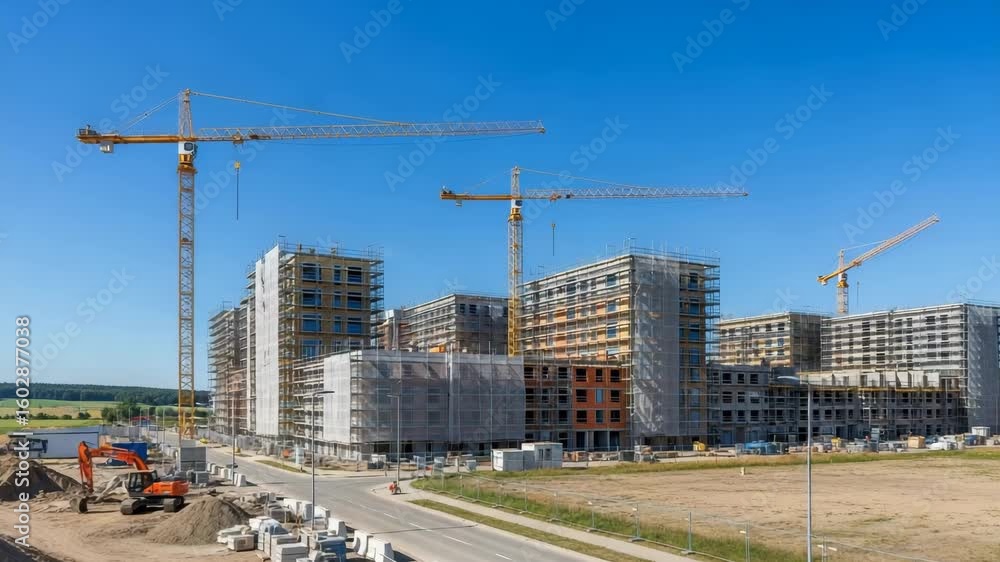 Multiple tall buildings under construction with yellow cranes and an excavator on a clear blue sky day Multiple tall buildings under construction with yellow cranes and an excavator on a clear blue sky day