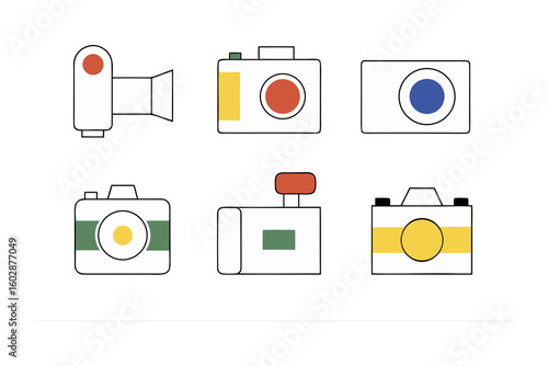 Collection of six stylized hand drawn camera icons featuring colorful lenses and unique designs on a white background