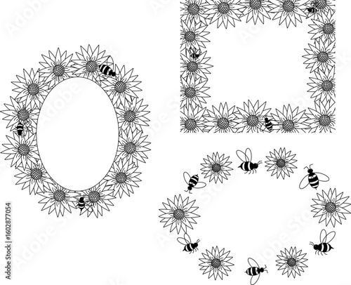 Sunflower and bees Honey oval rectangle frame set. Vector graphic line illustration. Sunflower graphic collection for packaging, decor. Petals frame,black silhouette isolated on white background