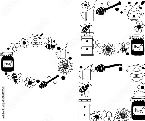 honey items Honey oval rectangle frame set. Vector graphic line illustration. Perfect for cards, decorations, stickers, logo, menu, various designs. Coloring Sheet for Stress Relief and Relaxation