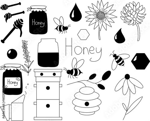 Honey set. Jars, bee, hive, spoon, honeycomb, clover, honeycomb. Honey set. Vector graphic line illustration. For poster, invitation, backdrop, ad, sale promotion, print for t-shirt