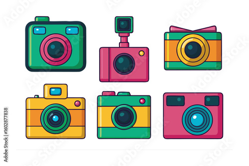 A vibrant collection of six retro inspired instant cameras in various bright colors and playful designs