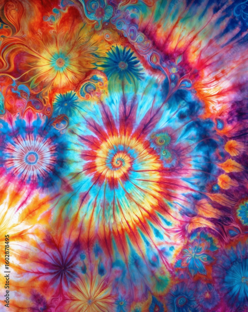 Colorful swirl of tie-dye patterns showcases vibrant artistry and creativity in textile design during a sunny summer festival Colorful swirl of tie-dye patterns showcases vibrant artistry and creativity in textile design during a sunny summer festival