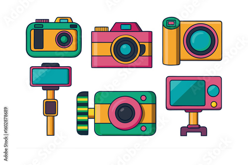 Collection of colorful vintage and modern cameras including a selfie stick and a retro monitor presented in a flat design style