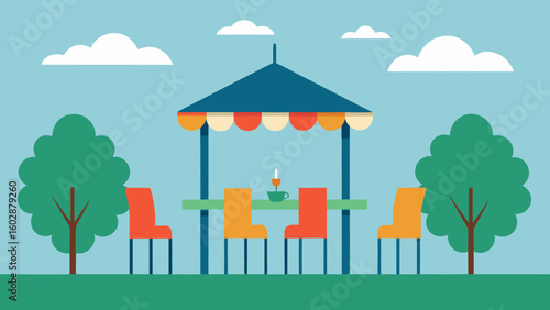 Outdoor cafe seating area with table chairs gazebo trees and clouds