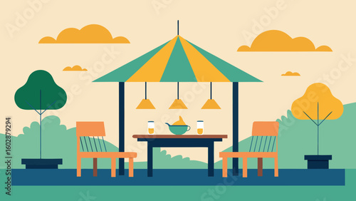 Cozy outdoor seating area with umbrella table chairs and drinks in a park setting