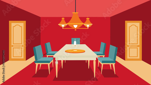 Modern dining room with red walls chandelier table and chairs