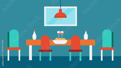 Flat design dining room scene with table chairs and decorative items