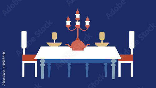 Elegant dining table set with candelabra and chairs against a dark blue background