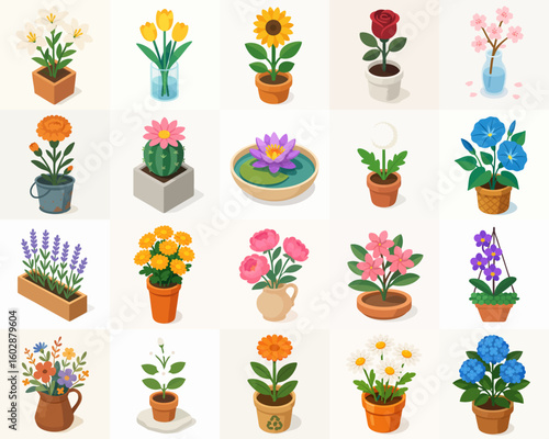 Isometric Pixel Art Detailed Flower Arrangement Potted Plant Illustration