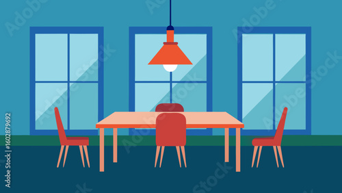 Simple flat design dining room with table chairs and windows