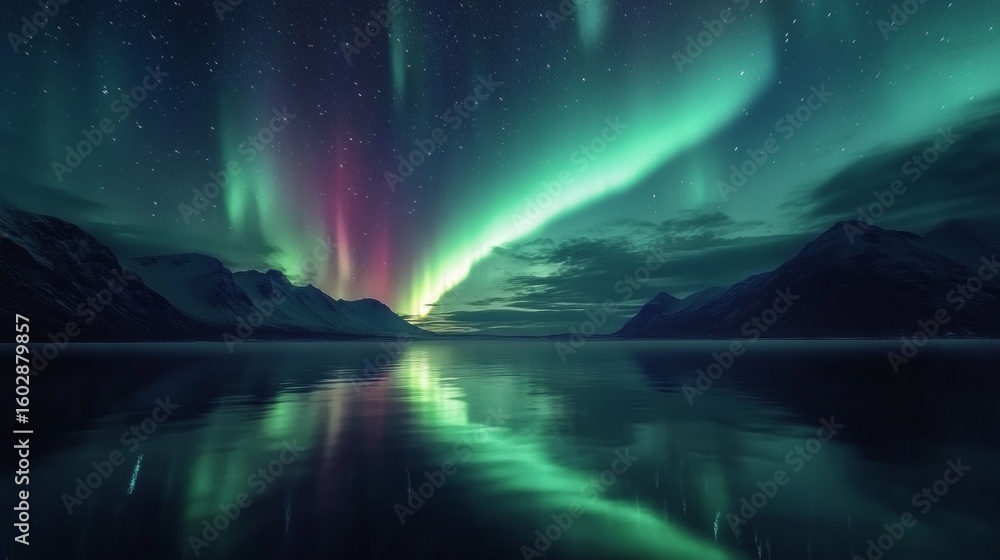 Naklejka premium Northern lights dancing above a serene lake at midnight. The vibrant green auroras contrast with the still waters below.
