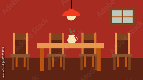Cozy dining room scene with a wooden table chairs and a simple plant decoration