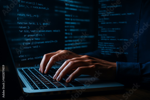 Programmer writing complex code on laptop in low-light environment with illuminated syntax highlighting for software development and backend engineering