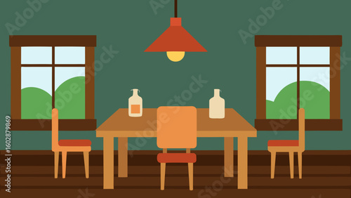 Cozy dining room scene with table chairs bottles and windows overlooking green hills
