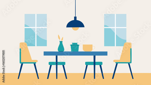 Cozy dining room scene with table chairs windows and pendant light