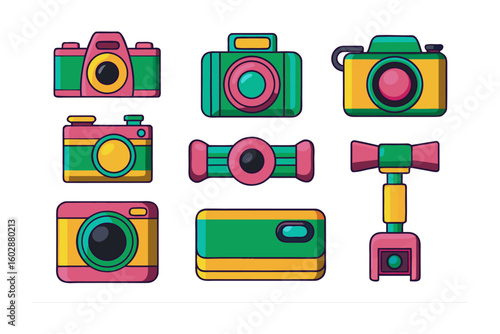 A collection of colorful and stylized illustrations of various camera types and photography equipment