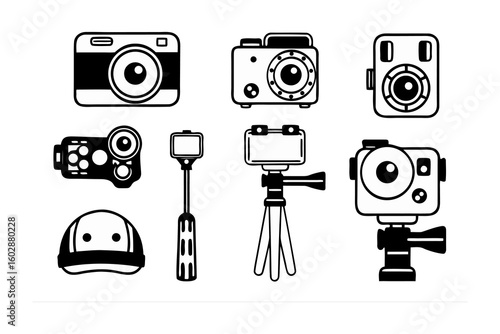 Collection of diverse action cameras and accessories depicted in a clean minimalist black and white vector illustration style