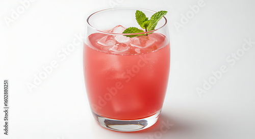 Wallpaper Mural A glass of rhubarb punch with ice cubes and mint garnish in a curved tumbler, vibrant pink color, isolated on white background Torontodigital.ca