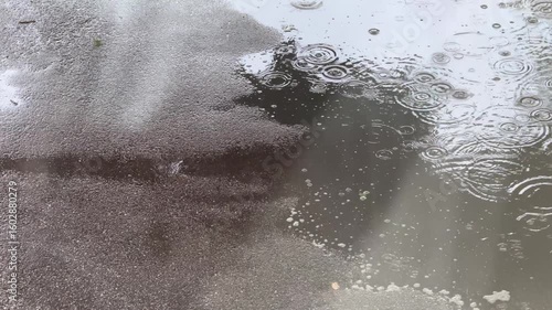 Raindrops fall into a puddle, forming bubbles and waves. Rainy mood of the day.