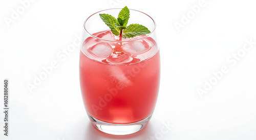 A glass of rhubarb punch with ice cubes and mint garnish in a curved tumbler, vibrant pink color, isolated on white background