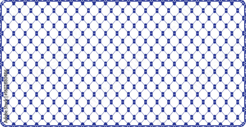 Blue geometric pattern with interconnected oval shapes and horizontal lines white