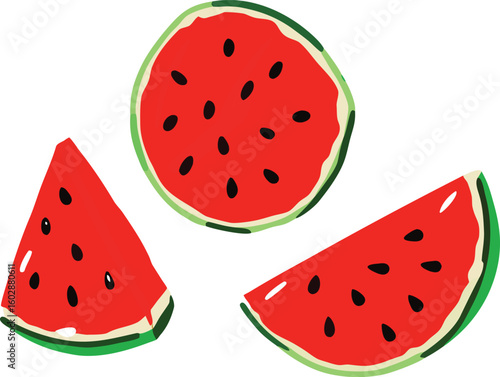Red watermelon slices with black seeds and green rind fruit