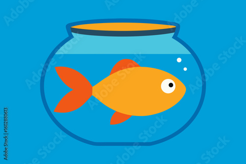 A simple goldfish swimming in a clear glass bowl with bubbles on blue background